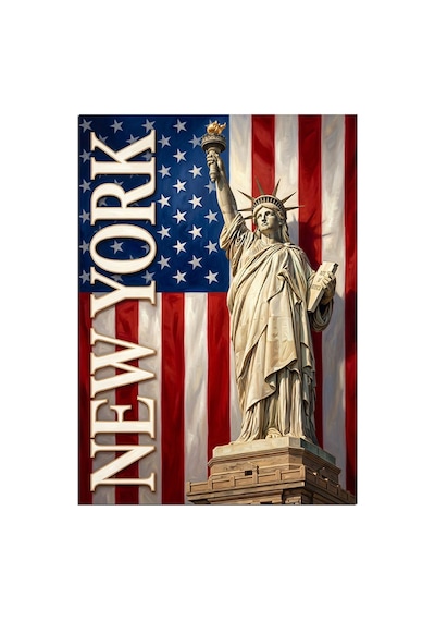New York Özgürlük Anıtı Ve Bayrak Dekoratif Kanvas - Mdf Ahşap Tablo