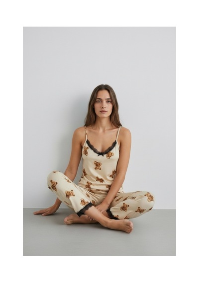 Feg Store Kadın Krem Ayıcık Baskılı Siyah Dantel Detaylı İp Askılı Pijama Takımı