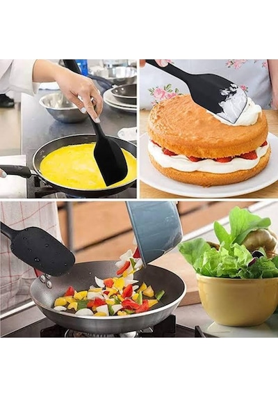 Silikon Kaşık Spatula Seti 2lı Büyük Boy Yanmaz Yapışmaz Çizmez Siyah Silikon Siyah Diğer