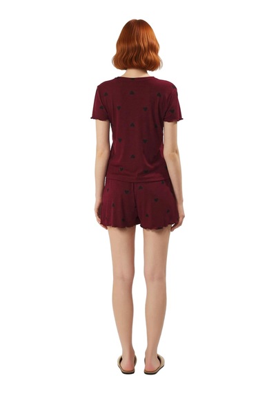 Ersefa Rahat Yazlık Pijama Takımı Kalpli Desen Örme Kumaş Lastikli Şort Bordo
