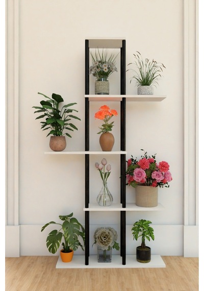 5 Raflı Dekoratif Bitki Standı Sökülebilir Kolay Kurulum Saksı Rafı Salon Balkon Çiçeklik Organizer Beyaz