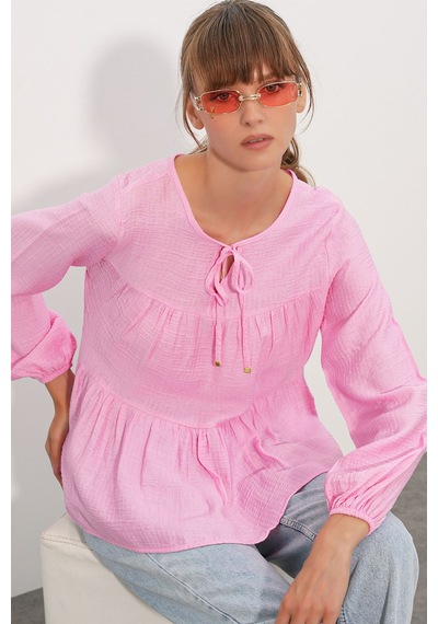 Hiccup Bdart Dokulu Bağlamalı Bluz Allık Pembe