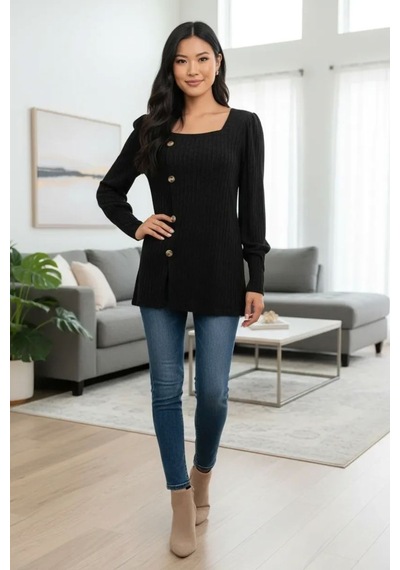 Beru Kadın Uzun Kollu Düğmeli Mevsimlik Bluz Yumuşak Dokulu Premium Günlük Stil Siyah L - XL