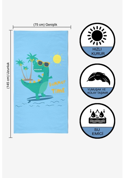 Surf Dino 2 Dijital Baskılı 75x145 Cm Çocuk Plaj Havlusu