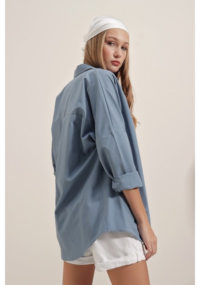 Bigdart 3900 Oversize Uzun Basic Gömlek - İndigo 001