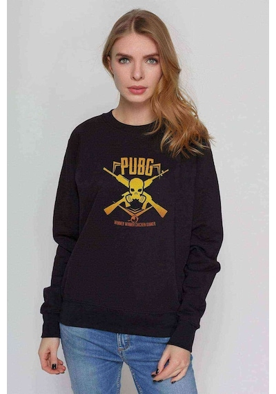 Pubg Kurukafa Sarı Baskılı Siyah Kadın Sweatshirt