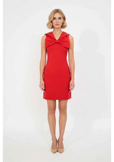 Benerly Kadın V Yaka Kolsuz Bodycon Midi Elbise Astarlı Micro Dokuma Elas Kırmızı