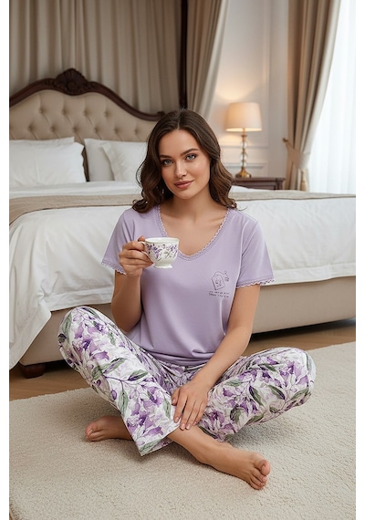 Kompedan Kadın Ring Viskon V Yaka Altı Desenli Kısa Kol Pijama Takım Lila 40113-4118