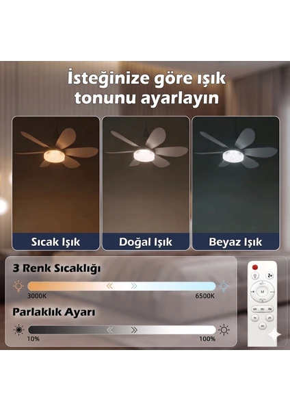 Led Ampullü Tavan Vantilatörü - 6 Pervaneli - 40w - Uzaktan Kumandalı 3 Renk Tonu Seçimli - Kademe Ve Zaman Ayarlı - E27 Duy