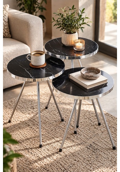 Sulorahome Gümüş Metal Ayaklı Siyah Mermer Desenli 3'lü Zigon Sehpa Takımı
