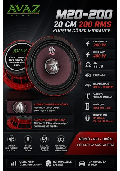Avaz M20-200 20 Cm 200 Rms Kurşun Göbek Midrange
