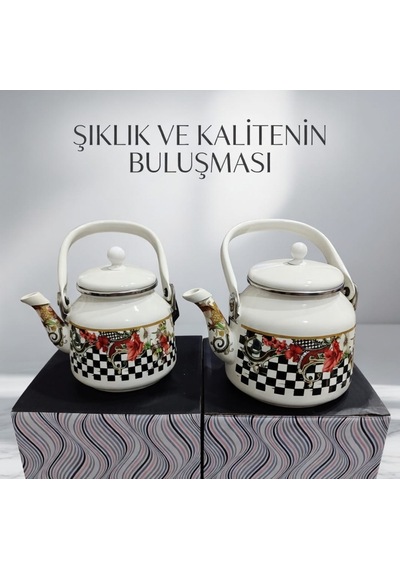 Alev Emaye Çaydanlık Takımı Nostaljinin Modern Yorumu Beyaz - Siyah