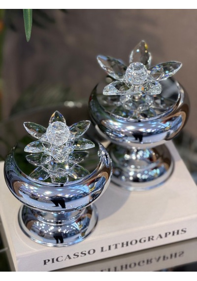 Chacha Home 2'li Metal Ayaklı Kristal Lotus Kapaklı Şekerlik Seti 18 Cm & 15 Cm - Lüks Dekoratif Kutu Gümüş