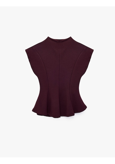 Koton Viskon Karışımlı Slim Fit Kolsuz Dik Yaka Peplum Bluz Bordo 7wak70012uk
