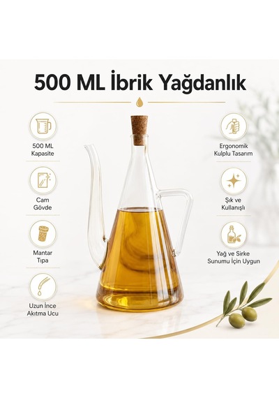 500 Ml İbrik Cam Yağdanlık, Mantar Tıpalı Kulplu Zeytinyağı Ve Sirkelik, Uzun İnce Akıtma Uçlu Şeffaf Cam Ya Diğer