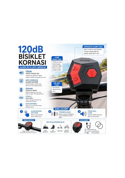 120 Db Usb Şarjlı Elektrikli Bisiklet Kornası Ve Anti Hırsızlık Alarm Zili Scooter Uyumlu Siyah