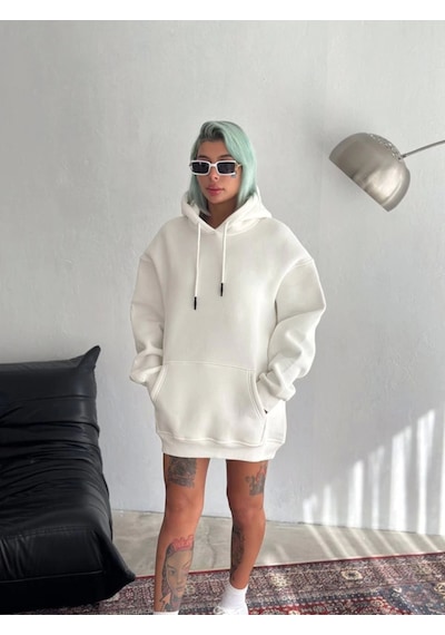 Kapşonlu Üç İplik Penye Basic Sweatshirt - Beyaz