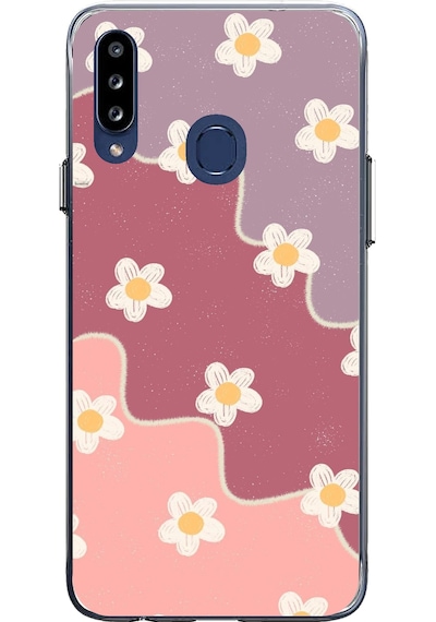 Samsung Galaxy A20s Uyumlu Gül Kurusu Ve Lila Tonlu Dalgalı Papatya Baskılı Silikon Kılıf Renkli
