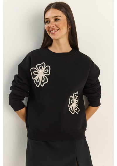 Shade Kadın Bisiklet Yaka Çiçek Nakışlı Üç İplik Şardonlu Sweatshirt 60601045 - Siyah