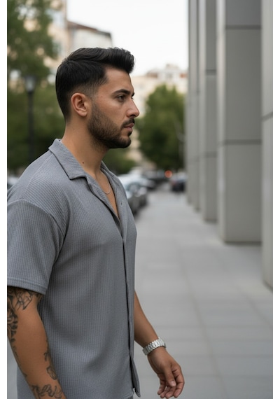 Fifty Color Unisex Trend Bürümcük Krinkıl Kumaş Yazlık Likralı Kısa Kol Gömlek Ve Eşofman Takım Gri