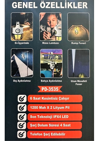Powerdex Pd-3535 Çift Işıklı Solar Şarjlı Kamp Lambası Beyaz
