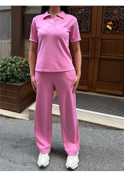 WeShaya Pembe Polyester Elastan Polo Yaka Takım Pembe