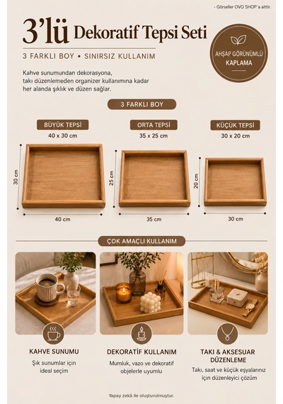 Bambu Tepsi 3'lü Set - Sunum Ve Dekoratif Tepsi Kahverengi