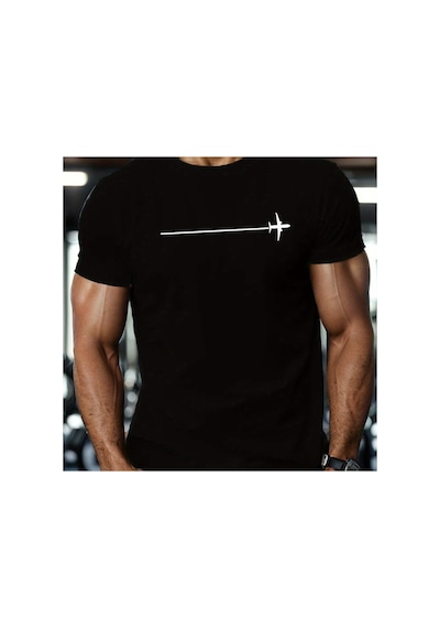 Caddemia Yaz Moda Rahat Gevşek Minimalist Uçak Desen Baskılı Yuvarlak Boyun Kısa Siyah 2XL