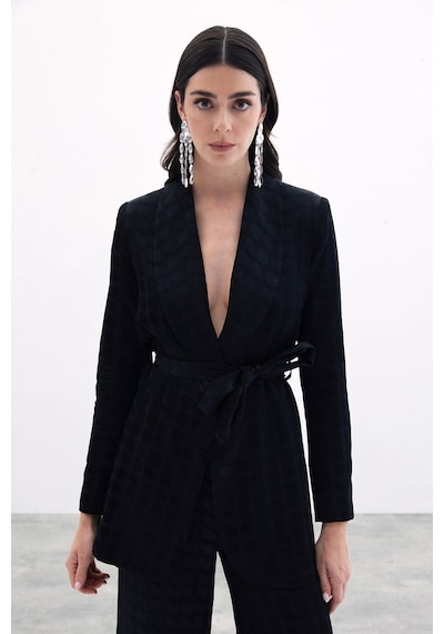 Sateen Kare Desenli Kuşaklı Ceket - Siyah-135788 Siyah