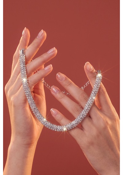 Valmont Accessories Kristal Taşlı 25+10 Cm Choker Işıltılı Şık Kadın Yuvarlak Boru Tasma Kolye Gümüş