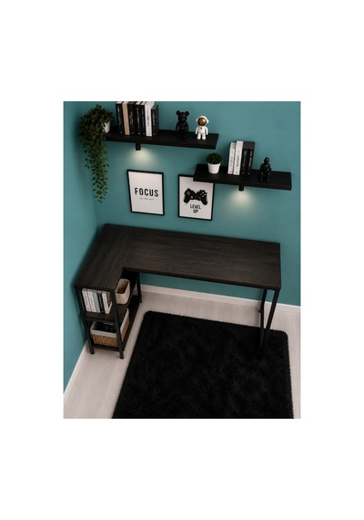Siyah L Masa, Kitaplıklı, Raflı, 120 Cm Çalışma Masası, Bilgisayar, Pc, Oyuncu, Gaming Masası Metal Ayaklı
