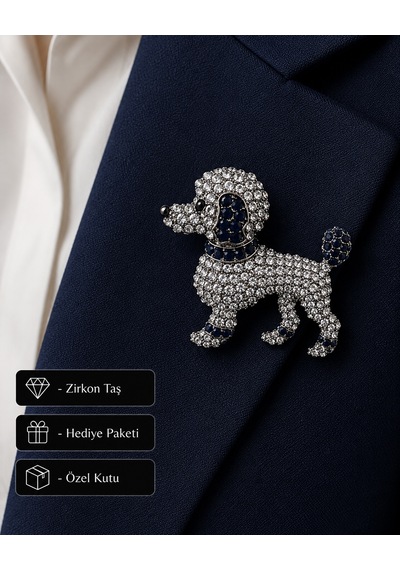 Lüks Taşlı Kaniş Köpek Broş - Hayvanseverlere Işıltılı Kadın Takı Hediye Açık Gri