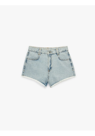 Koton Rahat Kalıp Püsküllü Taş Detaylı Mini Denim Şort Açık İndigo 6sal40226md
