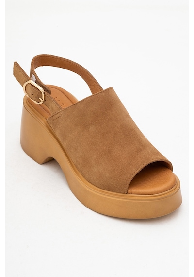 Luvishoes Power Taba Süet Hakiki Deri Kadın Dolgu Topuklu Sandalet Taba Süet