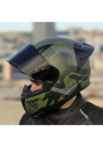 Siyah Vizörlü + Yarış Spoiler + Ls2 Rapid 2 Thunder Birs Race Kapalı Motosiklet Kaskı Mat Yeşil - Siyah