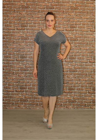 Nidya Moda Büyük Beden Kadın Gri Simli V Yaka Abiye Elbise-4035RG Gri