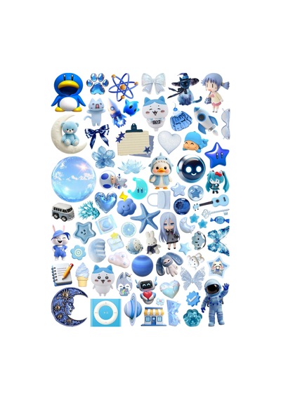 74 Adet Downtown Grunge Mavi Uzay Astronot Temalı Planlayıcı Sticker Seti - Etiket Seti Scrapbook Bullet Journal