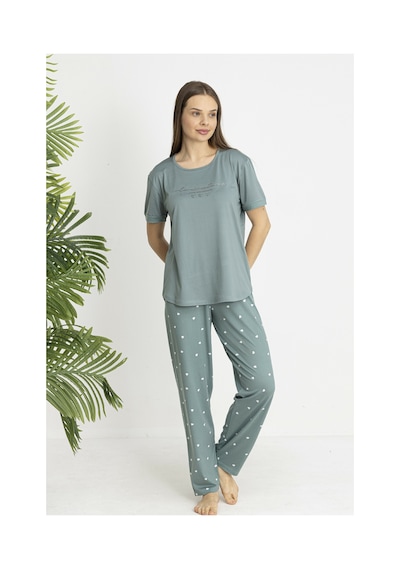 Estiva Kadın Kalp Alt Desenli Kısa Kollu Soft Pijama Takımı Yeşil