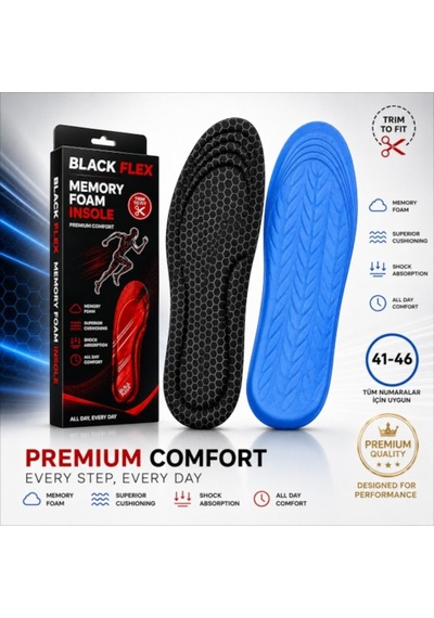 Perfect Fit Ark Destekli Siyah Petek Erkek Memory Foam Darbe Emici Hafızalı İç Tabanlık 41-46 Numaraya Göre Kolay Kesilebilir