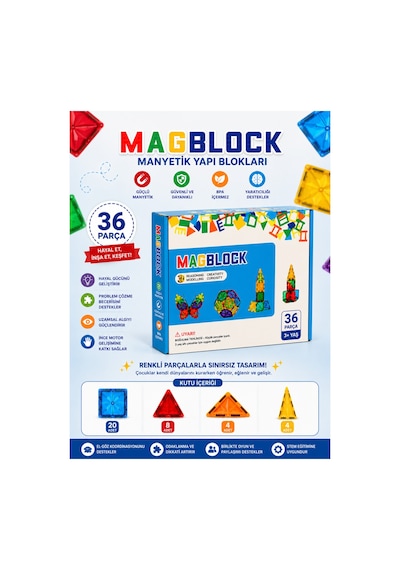 36 Parça Manyetik Yapı Blokları - Tamamı Mıknatıslı - Destekleyici Set - Tüm Modellerle Uyumlu.