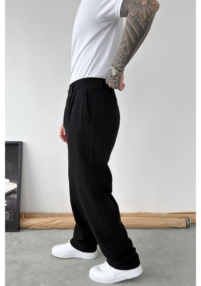 Siyah Premium Baggy Keten Pantolon Siyah