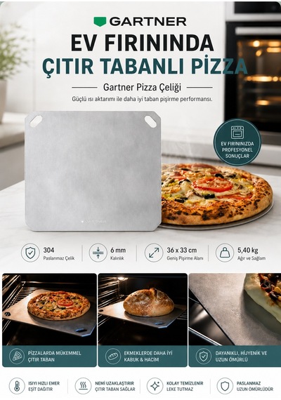 Gartner Pizza Çeliği - Pizza Taşı- Taş Fırın Lezzeti- 304 Paslanmaz Çelik - 36x33 Cm Gri