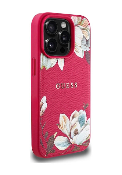 Apple Uyumlu iPhone 15 Pro Max Kılıf Guess Lisanslı Magsafe Özellikli Çiçek Tasarımlı Metal Logolu Kapak Fuşya