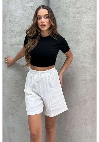 Lesa Wear Yüksel Bel Bol Kesim Keten Görünümlü Çift Cepli Şort Beyaz