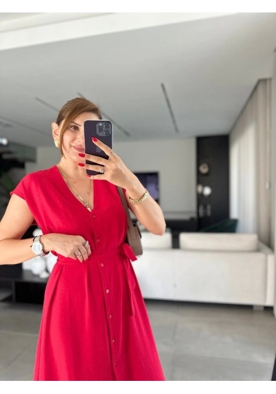 Defymoda Kadınn V Yaka Düğme Detay Kuşak Dahil Elbise Kırmızı