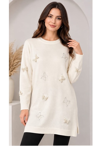 Kadın Kelebek Detaylı Sweatshirt Kadın Tesettür Tunik Açık Bej