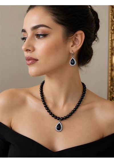 Damla Taş Detaylı 2'li Siyah İnci Kolye Ve Küpe Seti 24664860