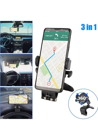 Gösterge Üstüne Takılan Telefon Tutacağı, 360 Dönebilen, Kıskaçlı Güçlü Telefon Tutucu Tutacağı, Siyah