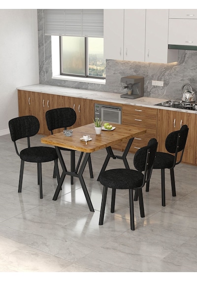 Azra 70x110cm Atlantik Mutfak Masası, Mutfak Masası Takımı, Yemek Masası, 4 Siyah Sandalye Siyah