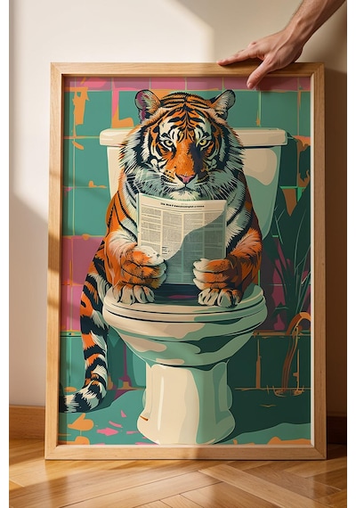 Tuvalette Gazete Okuyan Kaplan Çerçeveli Tablo - Pop Art Poster Tablo